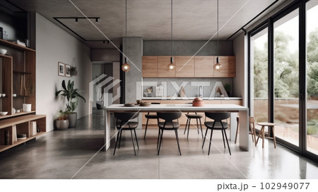 Modern spacious minimalistic kitchen with loft elements with large panoramic windows. Dining area, table and chairs. Combination of wood and concrete. Comfortable living space. 102949077