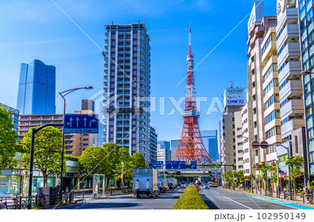 日本の東京都市景観 東京タワー。赤羽橋南の交差点や東京タワーなどを望む=18日 日本の東京都市景観 東京タワー。赤羽橋南の交差点や東京タワーなどを望む=18日 102950149