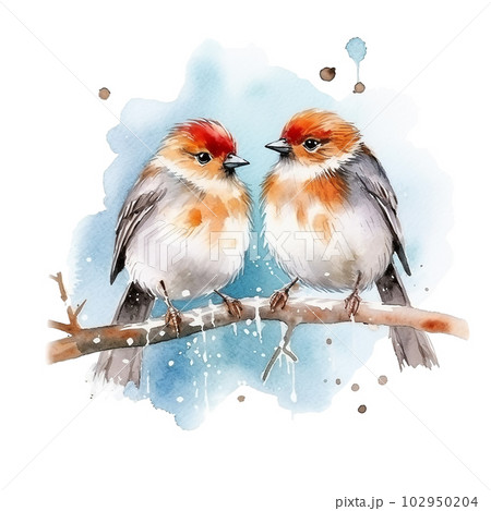 Two watercolor christmas birds on branch....のイラスト素材 [102950204] - PIXTA