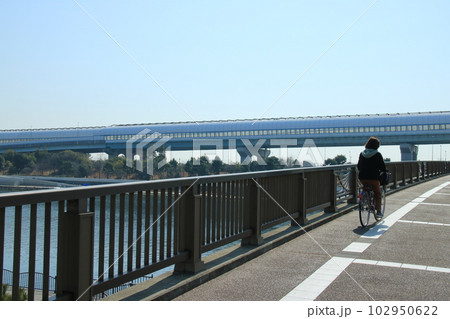 潮風大橋(兵庫県芦屋市)の橋上の風景と自転車に乗る人 潮風大橋(兵庫県芦屋市)の橋上の風景と自転車に乗る人 102950622