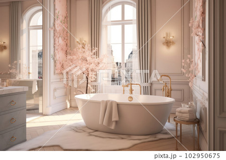 A large pink bathroom with a big tub and mirror. Ai generated. 102950675