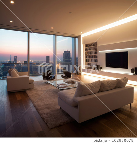 Living room with large glass windows and led lights by night. Ai generated. 102950679