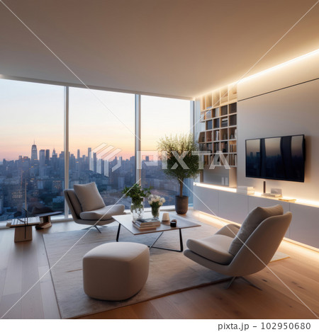 Living room with large glass windows and led lights by night. Ai generated. Living room with large glass windows and led lights by night. Ai generated. 102950680