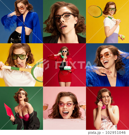 Collage made of portraits of beautiful young woman in stylish different clothes multicolored background Collage made of portraits of beautiful young woman in stylish different clothes multicolored background 102951046