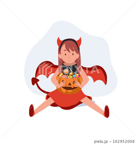 little cute girl in colorful halloween costumes as red devil. Happy Halloween trick or treat. Flat Vector cartoon illustration 102952008