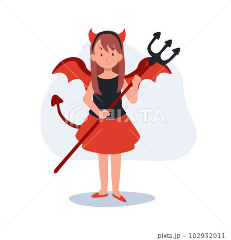 little cute girl in colorful halloween costumes as red devil. Happy Halloween trick or treat. Flat Vector cartoon illustration 102952011