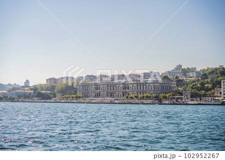 landscape scenery of Dolmabahce palacewith reflection, istanbul, turkey waterfront view from bosporus 102952267
