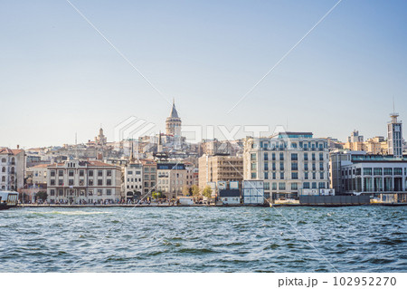 Istanbul city skyline in Turkey, Beyoglu district old houses with Galata tower on top, view from the Golden Horn 102952270