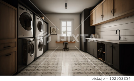 Spacious laundry room in a contemporary home with monochrome finishes in white, gray and black. Washer and dryer, sink and many cabinets. Spacious laundry room in a contemporary home with monochrome finishes in white, gray and black. Washer and dryer, sink and many cabinets. 102952854