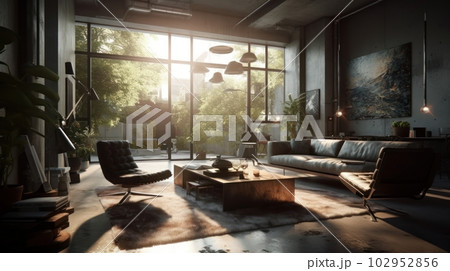 Modern spacious luxury living room. Panoramic windows with stunning garden views. Luxurious leather sofas and armchairs. Comfortable and refined living space. Modern spacious luxury living room. Panoramic windows with stunning garden views. Luxurious leather sofas and armchairs. Comfortable and refined living space. 102952856