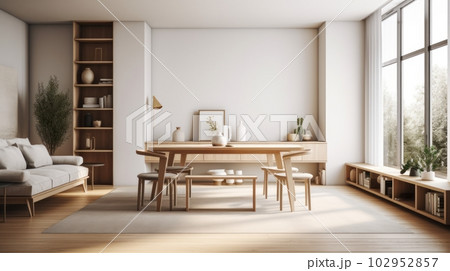Modern spacious living room with large panoramic windows. Minimalist light interior in Scandinavian style, simple wooden furniture, light textiles, white walls. 102952857