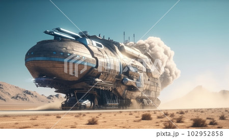 A futuristic metal all-terrain vehicle in the desert on the surface of an alien planet. Space research and exploration of distant worlds. A futuristic metal all-terrain vehicle in the desert on the surface of an alien planet. Space research and exploration of distant worlds. 102952858