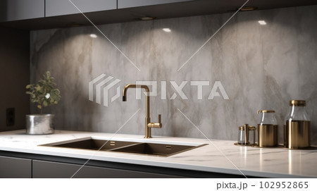 Close-up of a kitchen water faucet with a sink on a marble finished countertop. Modern kitchen interior design. Close-up of a kitchen water faucet with a sink on a marble finished countertop. Modern kitchen interior design. 102952865