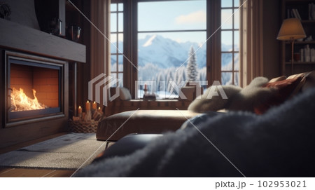 A cozy living room in a wooden chalet with a burning fireplace, a soft sofa and a fluffy carpet. Amazing view of the mountains. Rest and relaxation. 102953021
