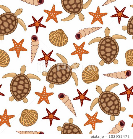 Seamless pattern with turtles and seastars and shells. Animal world under water. Ocean vector illustration. Seamless pattern with turtles and seastars and shells. Animal world under water. Ocean vector illustration. 102953472