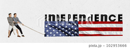 Contemporary art collage with two men pulling waving american national flag, preparing for the holiday isolated on white background. Banner Contemporary art collage with two men pulling waving american national flag, preparing for the holiday isolated on white background. Banner 102953666