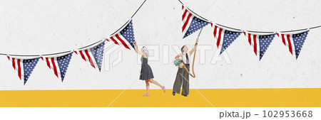 Contemporary art collage with preparation for Independence day, 4th July national holiday isolated on white background. Banner for text 102953668