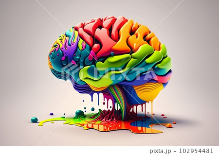 A bright colorful 3d human brain with liquid paint is isolated on white background. Generative AI A bright colorful 3d human brain with liquid paint is isolated on white background. Generative AI 102954481