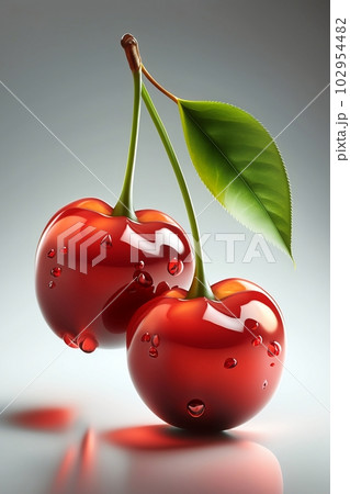 Close-up two fresh juicy cherries with water drops. Generative AI Close-up two fresh juicy cherries with water drops. Generative AI 102954482