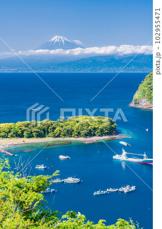 （静岡県）戸田港に停泊する船舶と富士山 102955471