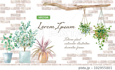 レンガ壁を背景に植木鉢とハンギングプランツを配置した、ナチュラルなフレームデザイン。水彩イラスト。 102955801