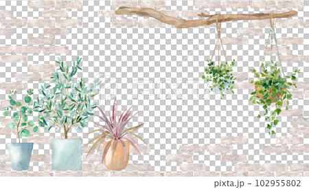 レンガ壁を背景に植木鉢とハンギングプランツを配置した、ナチュラルなフレームデザイン。水彩イラスト。 102955802