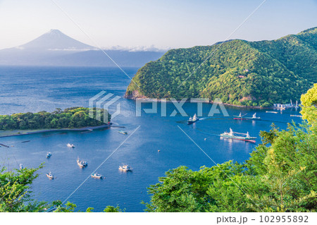 (静岡県)富士山を背に、戸田港から遠洋漁業に向かう漁船団 (静岡県)富士山を背に、戸田港から遠洋漁業に向かう漁船団 102955892