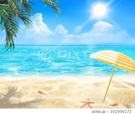 太陽の光差し込む青い空の下、海沿いに縞模様のパラソルと貝殻の夏のおしゃれフレーム背景素材 102956172