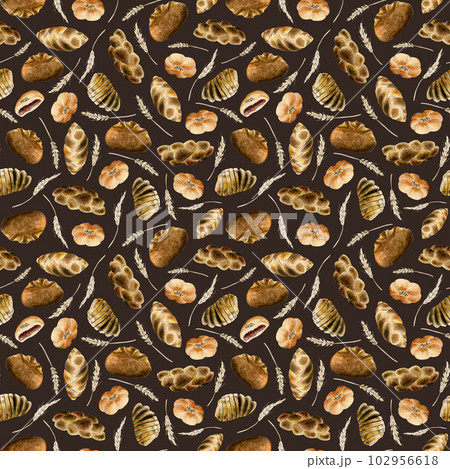 Dark brown fresh bread and sweet buns seamless pattern. Various types of bakery. Rural pastries products, challah wheat Dark brown fresh bread and sweet buns seamless pattern. Various types of bakery. Rural pastries products, challah wheat 102956618