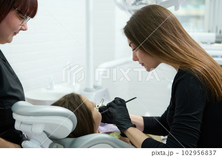 Female dentist hygienist using dental mirror and probe, checking child teeth during regular check-up in dentistry clinic. Little girl visiting doctor dentist hygienist. Oral care and hygiene concept 102956837