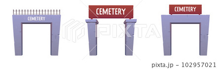 Cemetery fence and entrance to the cemetery in cartoon style. Vector illustration isolated on white 102957021