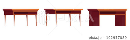 Office wooden desks for work. Collection of cartoon wooden tables, vector illustration isolated on white 102957089