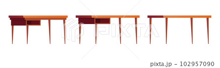 Office wooden desks for work. Collection of cartoon wooden tables, vector illustration isolated on white Office wooden desks for work. Collection of cartoon wooden tables, vector illustration isolated on white 102957090