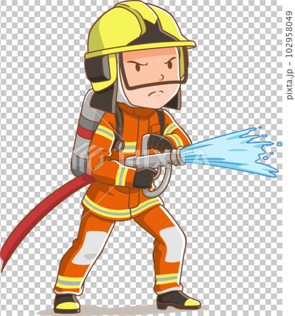Cartoon character of fireman spraying a water hose. 102958049