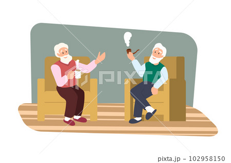 Two friends are talking in living room. Old people are resting. Grandfathers in armchairs speak. Happy pemsioner men. Isolated image 102958150