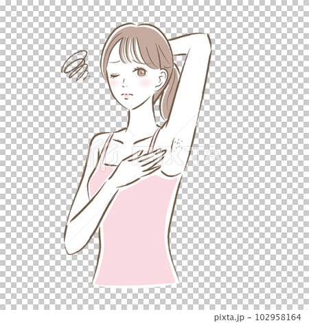 一名患有未剃除的腋毛和黑斑的年輕女性的插圖 102958164