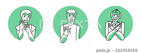 Disgust emotion male circle icons set. Young, adult and old men with a disgusted mood, negative reaction. Green color, line art drawing. 102958568