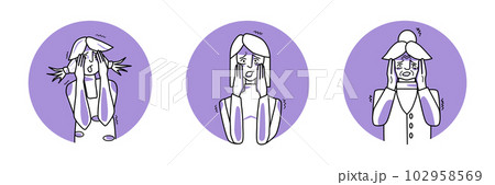 Scared female set circle icons. Young, adult and old women are afraid, emotion of fear, facial expression. Purple color, line art drawing. Scared female set circle icons. Young, adult and old women are afraid, emotion of fear, facial expression. Purple color, line art drawing. 102958569