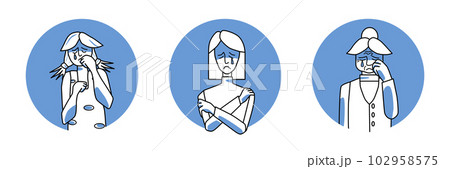 Sad female circle icons set. Young, adult and old women with sadness, emotion of melancholy, crying with tears. Blue and white color, human characters. 102958575