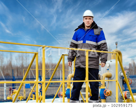 Portrait of worker in white helmet and winter pea jacket at industrial gas facility. Middle-aged 102959175