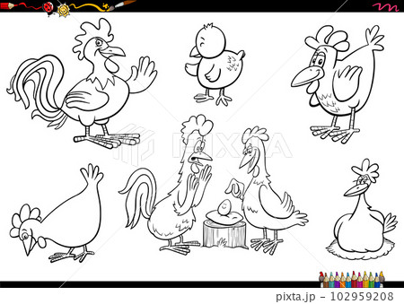 cartoon chickens farm animal characters set coloring page 102959208