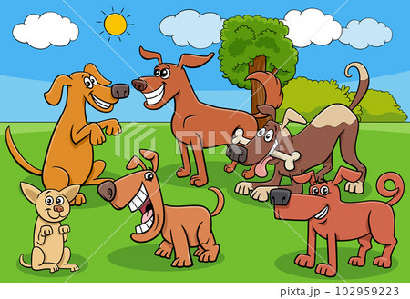 cartoon dogs and puppies characters group in the meadow 102959223