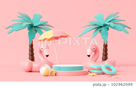 Summer pink vacation beach with Flamingo inflatable ring background concept, Minimal Realistic Display Podium for Product mock-up or Cosmetics with summer pink theme, inflatable ring. 3d rendering 102962099
