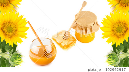 Natural bee honey in a jar and sunflower flower isolated on a white. Free space for text. Collage. Natural bee honey in a jar and sunflower flower isolated on a white. Free space for text. Collage. 102962917
