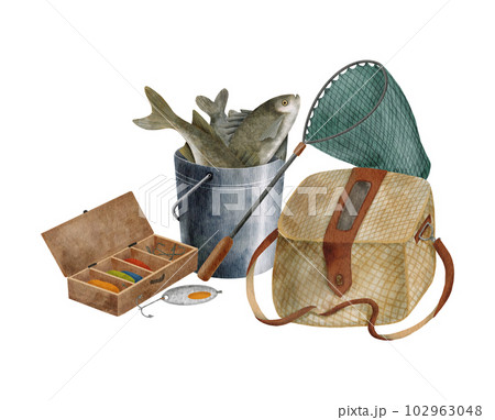 Watercolor fishing composition. Hand drawn fishing lure, landing net, metal bucket with fish, wicker creel isolated on white background. Angling sport hobby equipment. Catching fish illustration Watercolor fishing composition. Hand drawn fishing lure, landing net, metal bucket with fish, wicker creel isolated on white background. Angling sport hobby equipment. Catching fish illustration 102963048