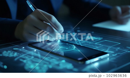 A man with a digital device, user authentication system, technology and cybernetics, computer security system, cybersecurity, information security, encryption, data protection, Generated AI 102963636