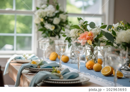 Romantic table setting with candles and flowers Romantic table setting with candles and flowers 102963693