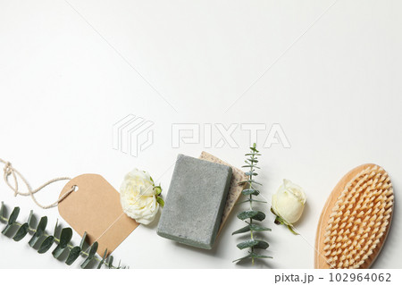 Concept of bath and skin care accessories - soap 102964062
