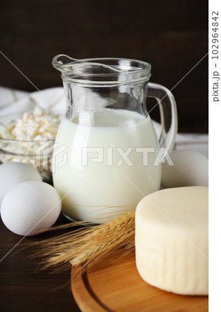 Concept of tasty food - different dairy products 102964842