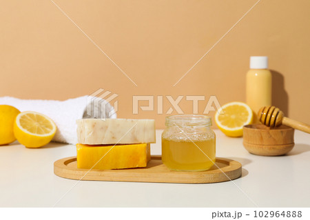 Concept of face and skin care supplies - Honey cosmetic 102964888